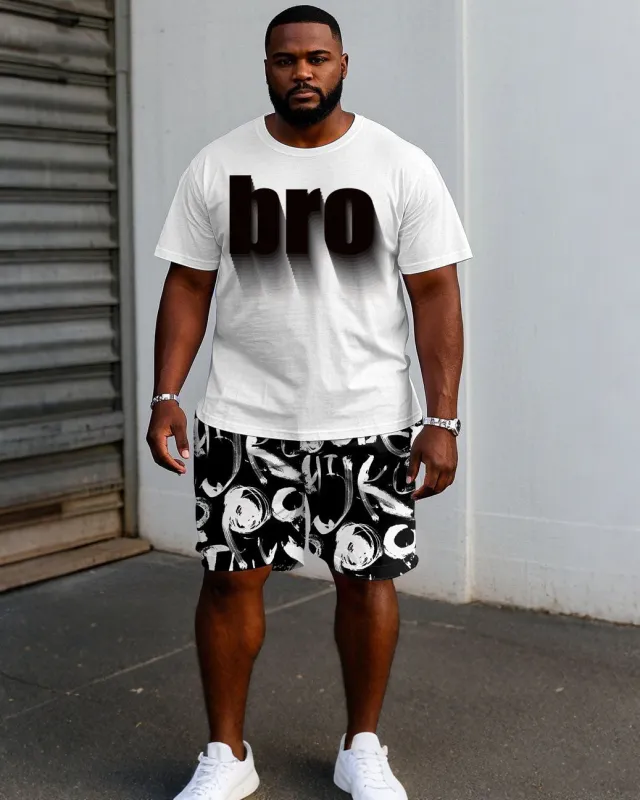 Men's Plus Size Street Fashion Pattern Chest "Brother" Printed Short Sleeve T-Shirt Shorts Suit sold by Biggmans