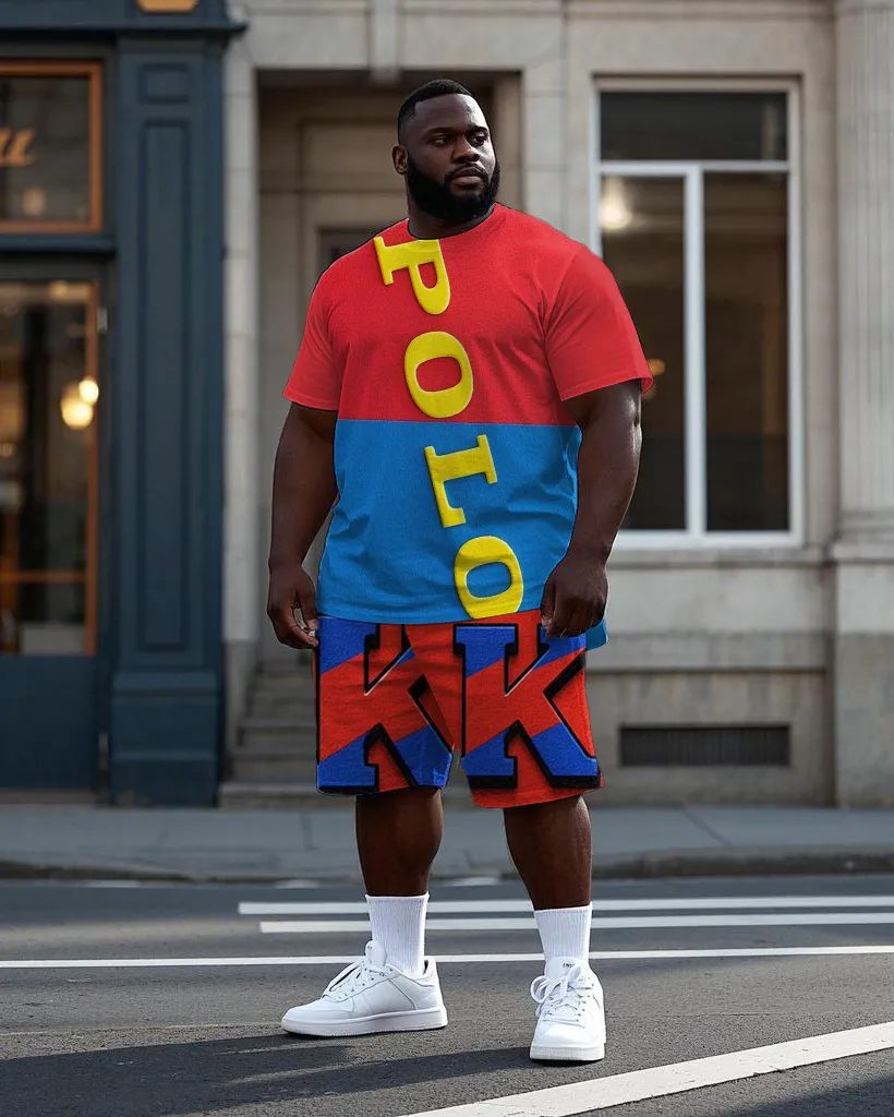 Big Men's Red & Blue Color Block Splicing Letter POLO K Printed Short Sleeve T-shirt Shorts Set sold by Biggmans