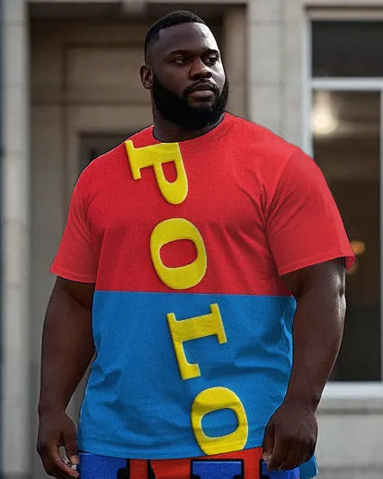 Big Men's Red & Blue Color Block Splicing Letter POLO K Printed Short Sleeve T-shirt Shorts Set sold by Biggmans product image thumbnail 2