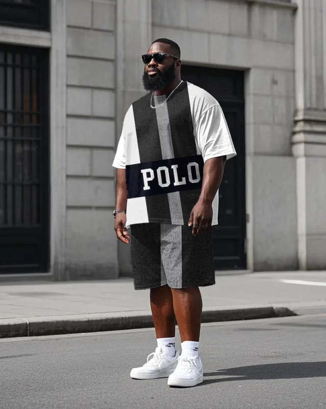 Big Men's Black & White Color Block Splicing Letter POLO Printed Short Sleeve T-shirt Shorts Set sold by Biggmans