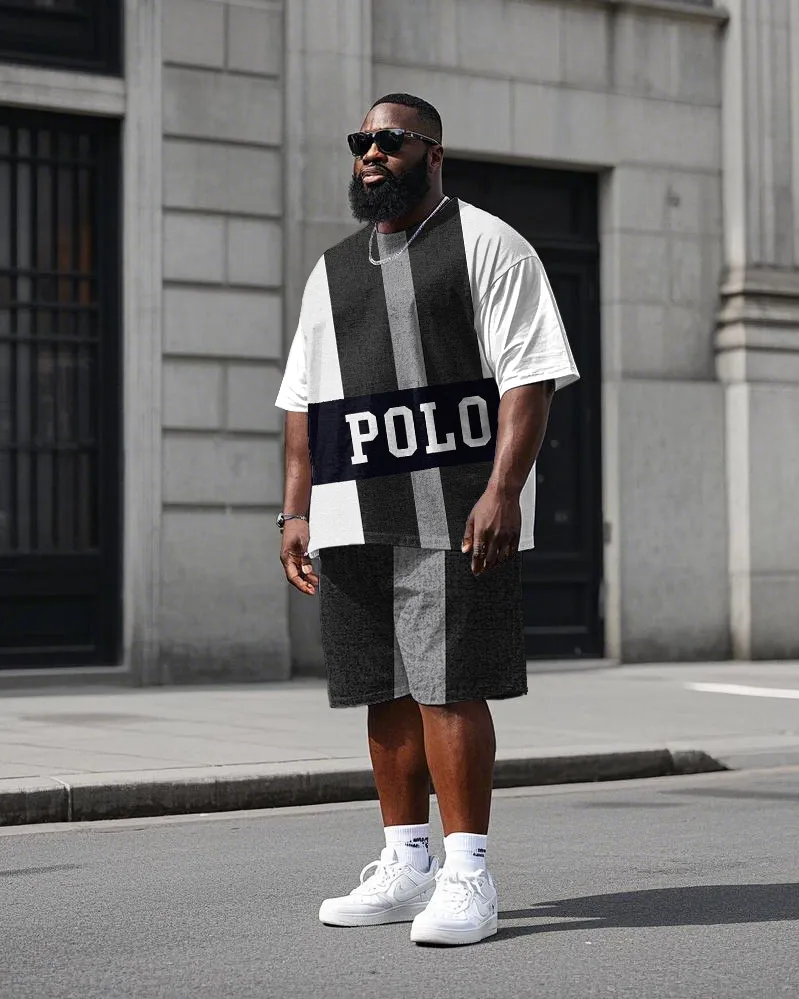 Big Men's Black & White Color Block Splicing Letter POLO Printed Short Sleeve T-shirt Shorts Set sold by Biggmans
