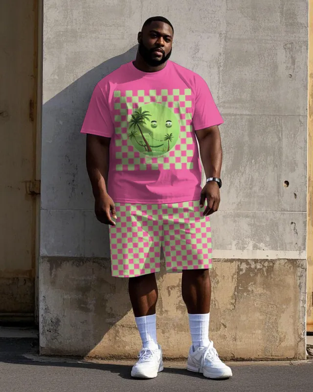 Big Men's Street Fashion Checkerboard Smiley face Coconut Tree Printed Short Sleeve T-shirt Shorts Set sold by Biggmans
