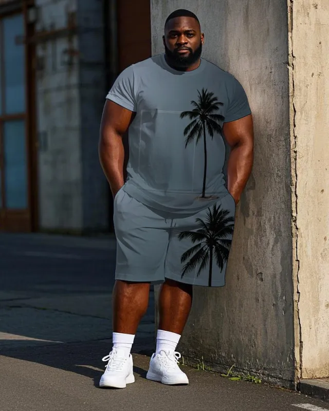 Big Men's Hawaiians Gradient Simple Cartoon Coconut Tree Printed Casual Short Sleeve T-shirt Shorts Set sold by Biggmans