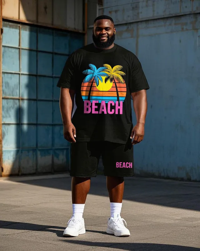 Big Men's Street Fashion BEACH Coconuts Printed Hawaii Casual Short Sleeve T-shirt Shorts Set sold by Biggmans