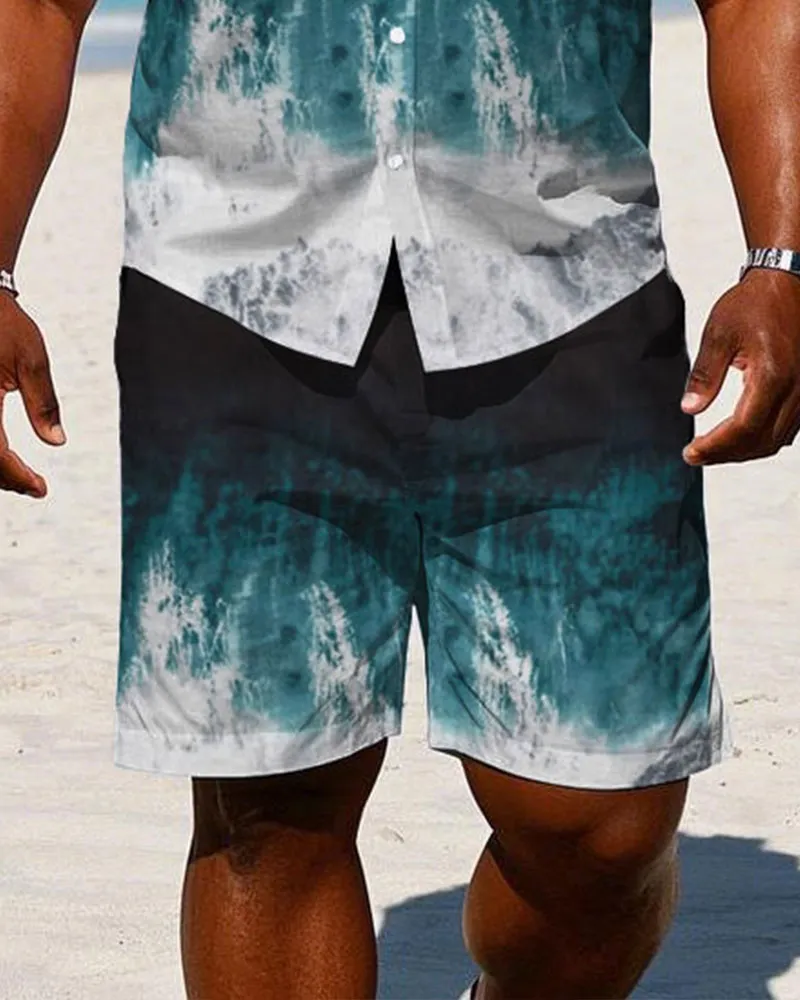 Men's Plus Size Hawaiian Black & White & Blue Sleeveless Vest Shirt Shorts Suit sold by Biggmans product image thumbnail 3