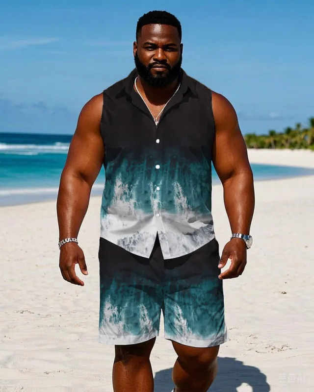 Men's Plus Size Hawaiian Black & White & Blue Sleeveless Vest Shirt Shorts Suit sold by Biggmans