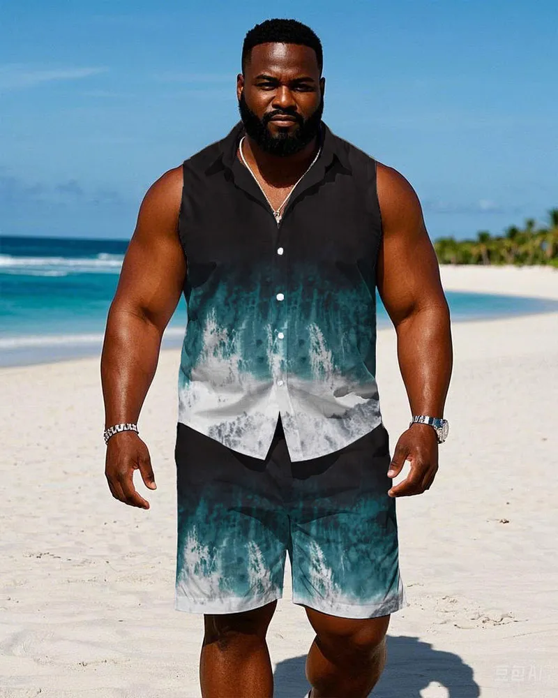 Men's Plus Size Hawaiian Black & White & Blue Sleeveless Vest Shirt Shorts Suit sold by Biggmans