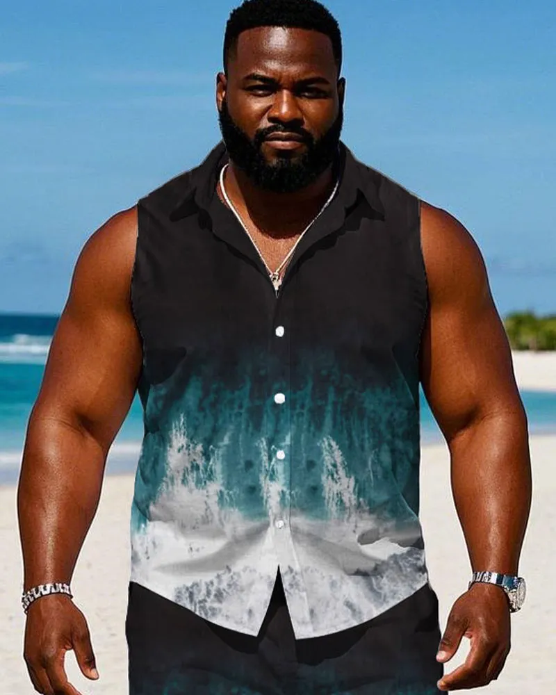 Men's Plus Size Hawaiian Black & White & Blue Sleeveless Vest Shirt Shorts Suit sold by Biggmans product image thumbnail 2
