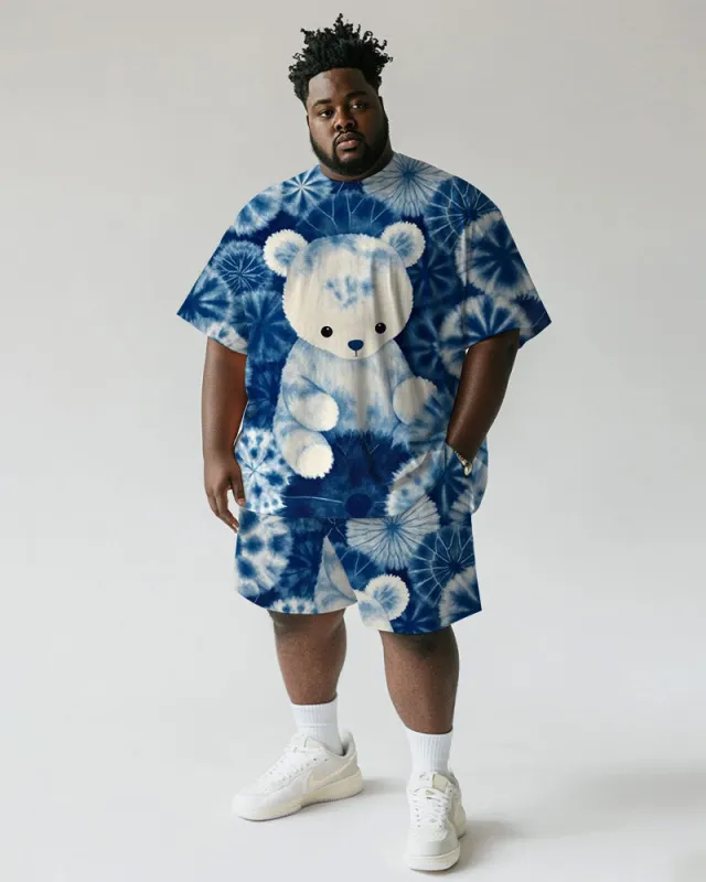 Men's Plus Size Blue Tie Dye Bear Print Short Sleeve T-Shirt Shorts Suit sold by Biggmans
