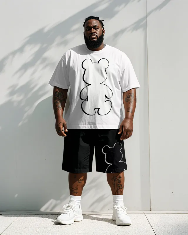 Men's Plus Size Black And White Simple Pen Line Bear Print Short Sleeve T-shirt Shorts Suit sold by Biggmans