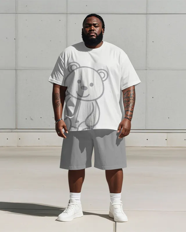 Men's Plus Size Light Gray Line Bear Print Short Sleeve T-shirt Shorts Suit sold by Biggmans