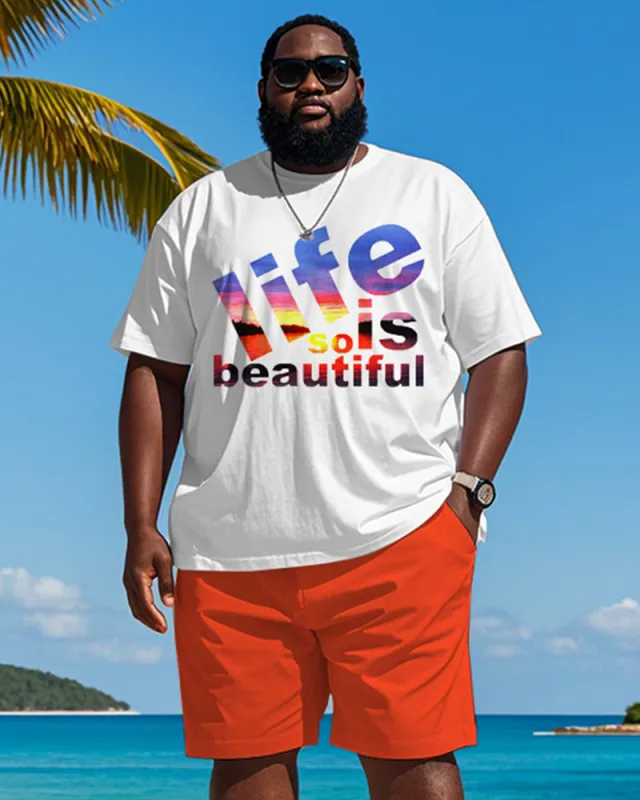 Men's Plus Size Hawaiian Gradient Life So Is Beautiful Letter Print Short Sleeve T-Shirt Shorts Suit sold by Biggmans