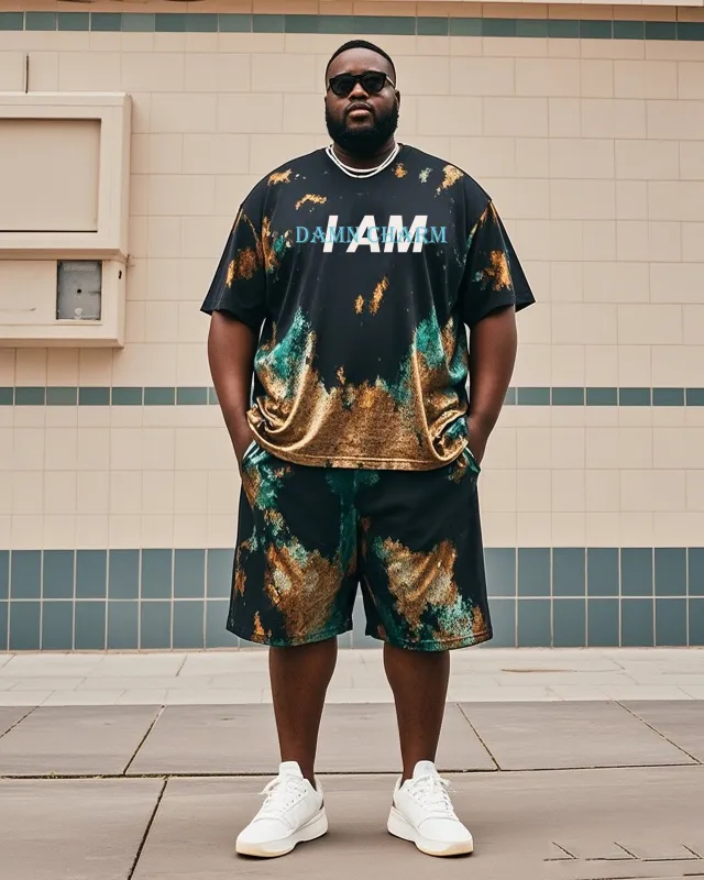 Plus Size Men Vintage Tie-dye I AM DAMN CHARM T-shirt Shorts Suit sold by Biggmans