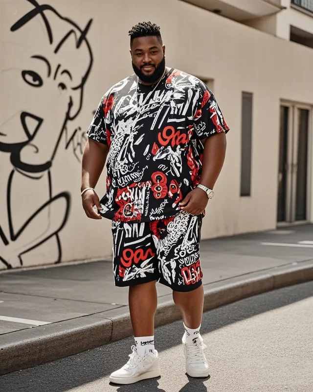 Plus Size Men's Creative Graffiti English Printed T-shirt Shorts Suit sold by Biggmans