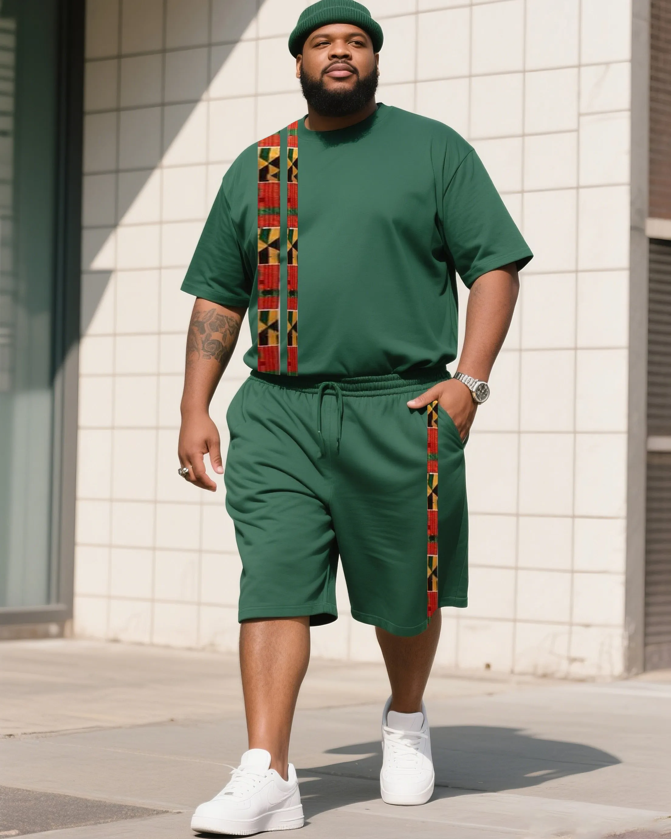 Men's Plus Size Mars Green Creative Striped Cross Print T-Shirt Shorts Suit sold by Biggmans