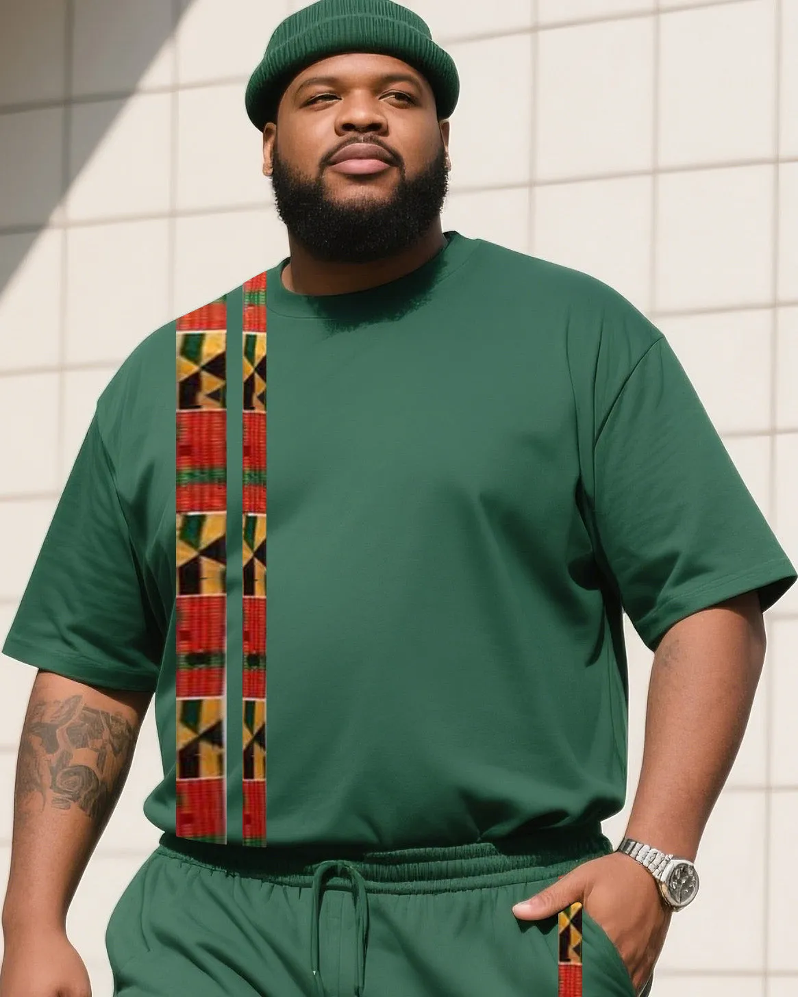 Men's Plus Size Mars Green Creative Striped Cross Print T-Shirt Shorts Suit sold by Biggmans product image thumbnail 2