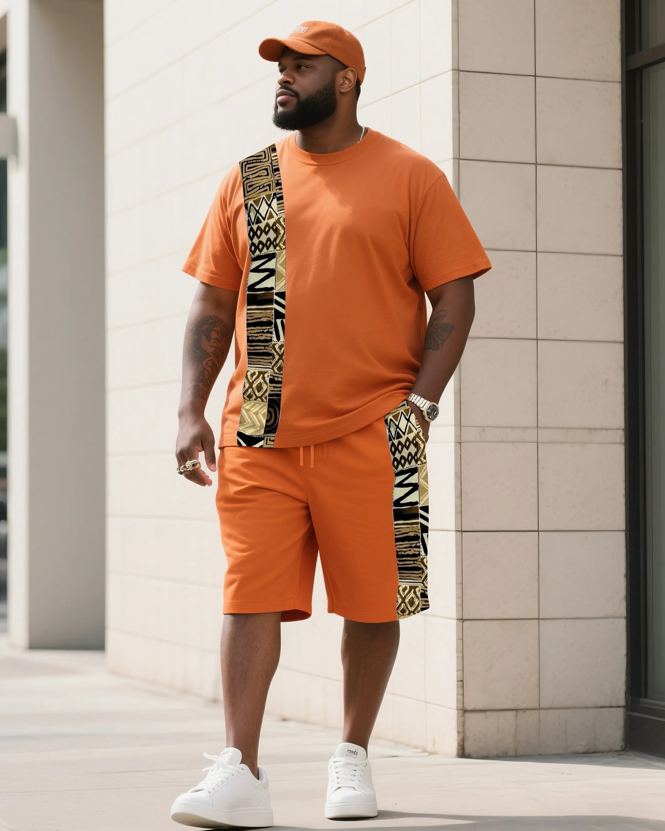 Men's Plus Size Hermes Orange Creative Striped Polo English Print T-Shirt Shorts Suit sold by Biggmans