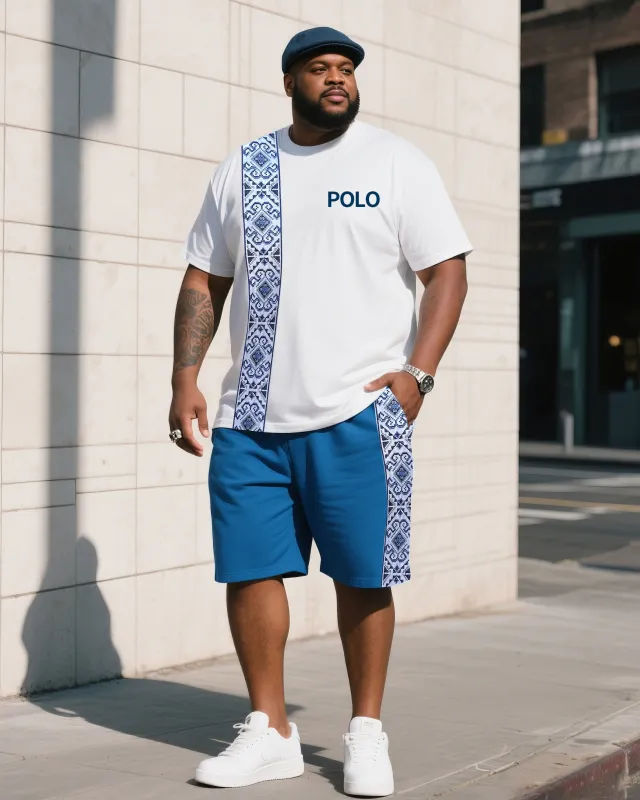 Men's Plus Size White With Blue Creative Stripe Polo English Print T-Shirt Shorts Suit sold by Biggmans