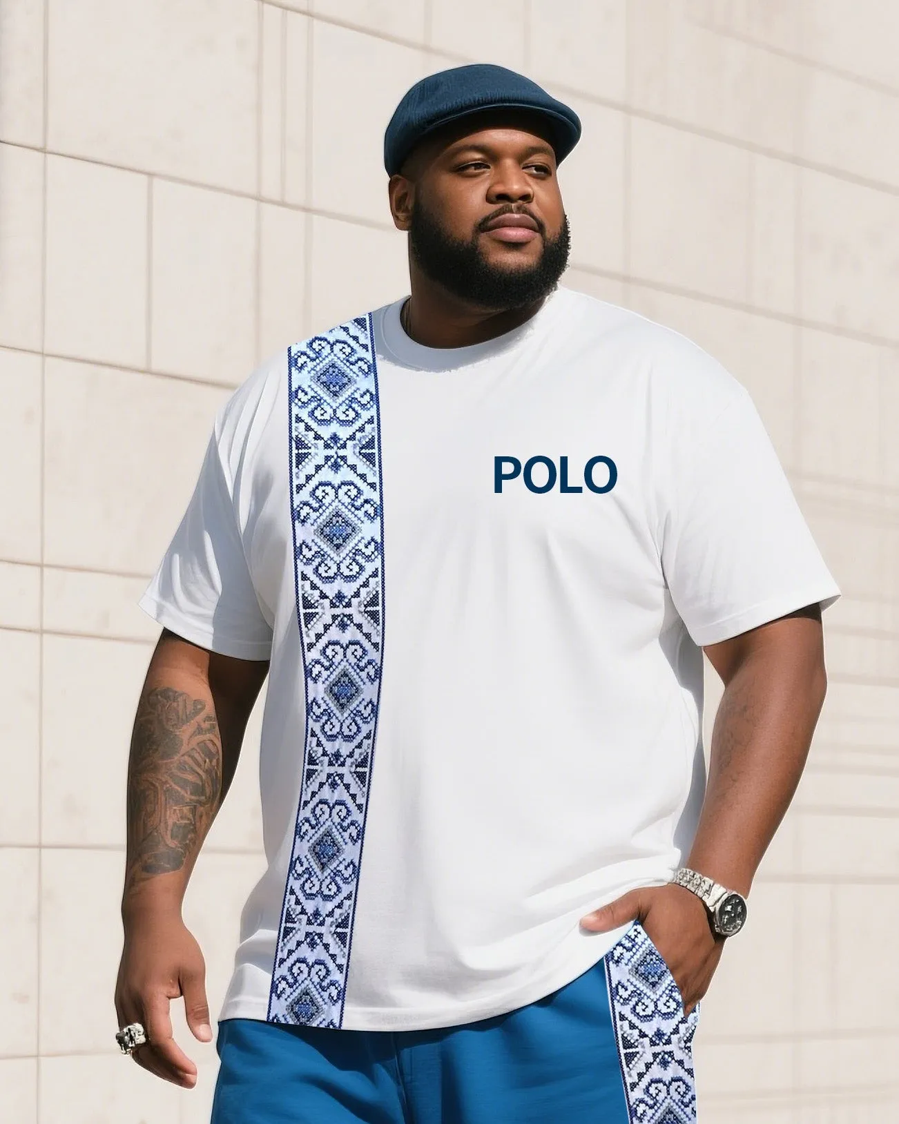 Men's Plus Size White With Blue Creative Stripe Polo English Print T-Shirt Shorts Suit sold by Biggmans product image thumbnail 2
