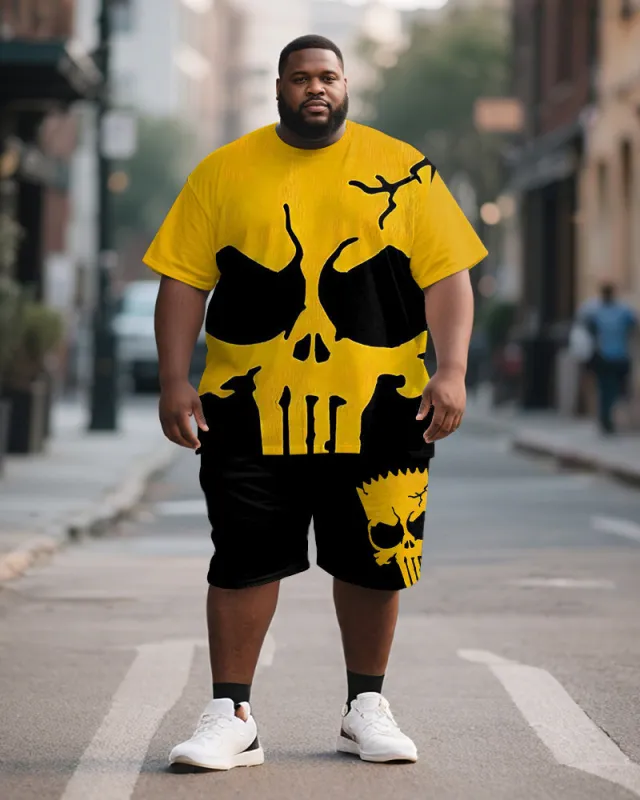 Men's Plus Size Black And Yellow Skull Print Short-sleeved T-shirt Shorts Suit sold by Biggmans