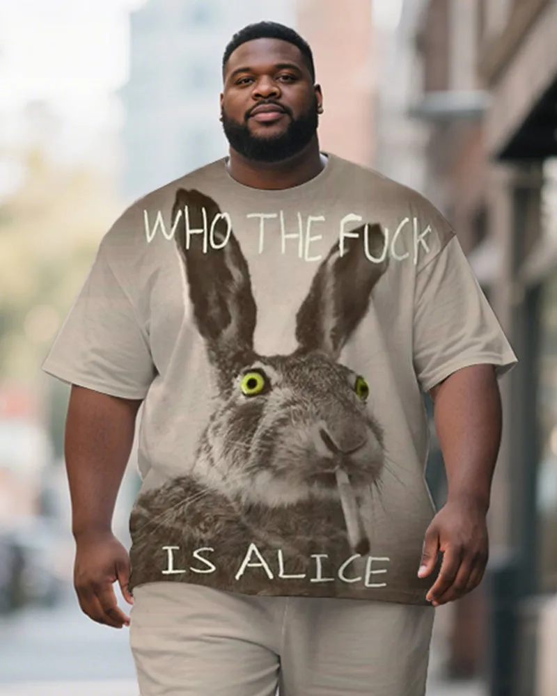 Men's Plus Size Khaki Fun Bunny Print Short Sleeve T-Shirt Shorts Suit sold by Biggmans product image thumbnail 2