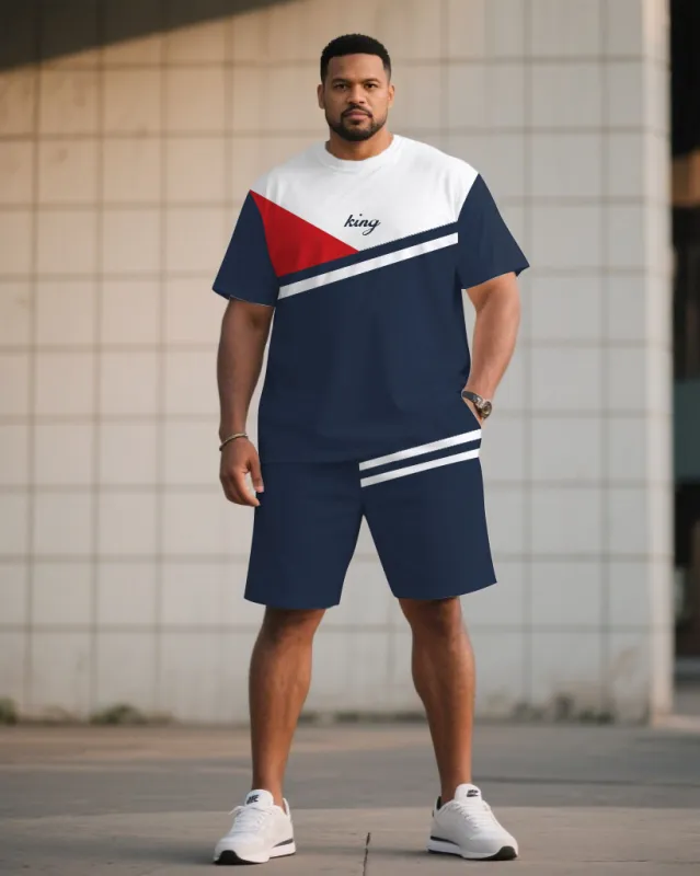 Men's Plus Size Scarlet Blue & White & Red Skinny Colorblock Small Label Printed Short-Sleeved T-Shirt Shorts Suit sold by Biggmans