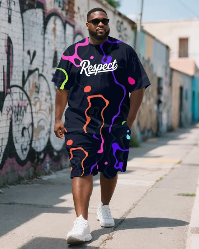 Men's Plus Size Irregular Graffiti Respect Letter Print Short Sleeve T-Shirt Shorts Suit sold by Biggmans