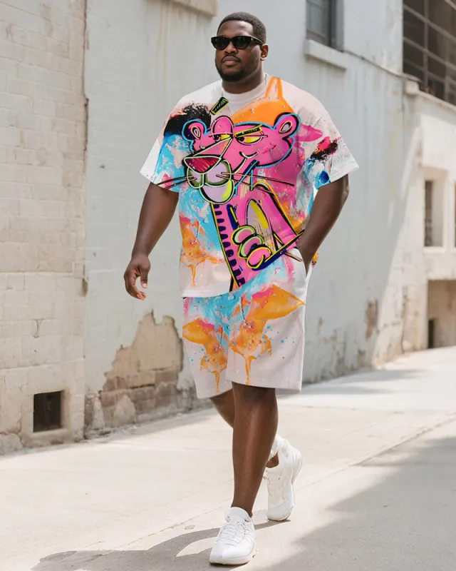 Men's Plus Size Pink Graffiti Abstract Cartoon Print Short-sleeved T-shirt Shorts Suit sold by Biggmans