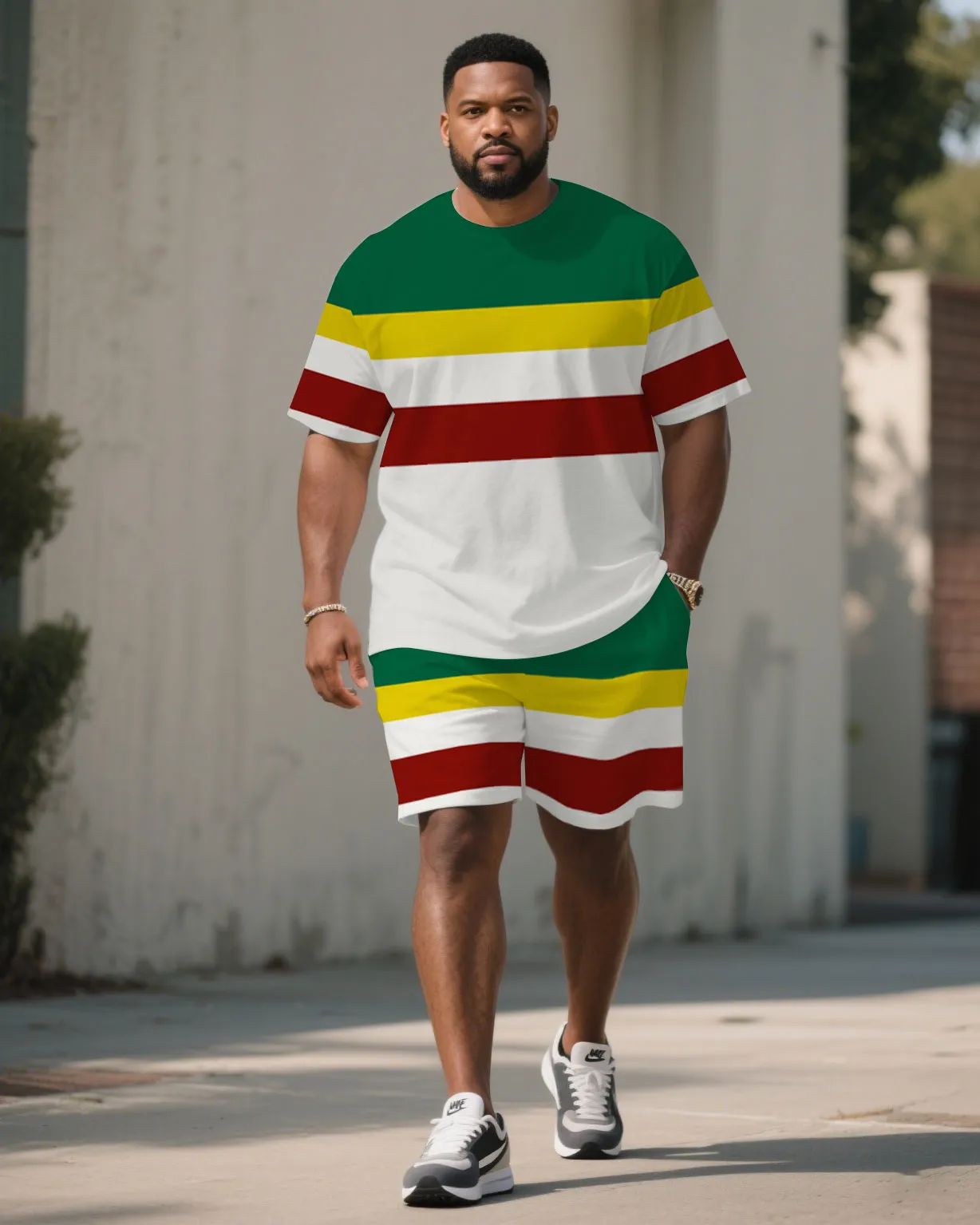 Men's Plus Size June Day Classic Teeth Buy Striped Short Sleeve T-Shirt Shorts Suit sold by Biggmans