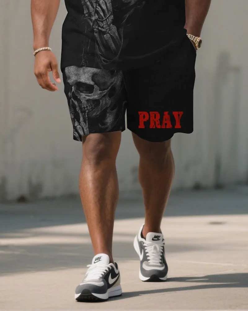 Men's Plus Size Black Prayer Skull Gesture Print Short Sleeve T-Shirt Shorts Suit sold by Biggmans product image thumbnail 3
