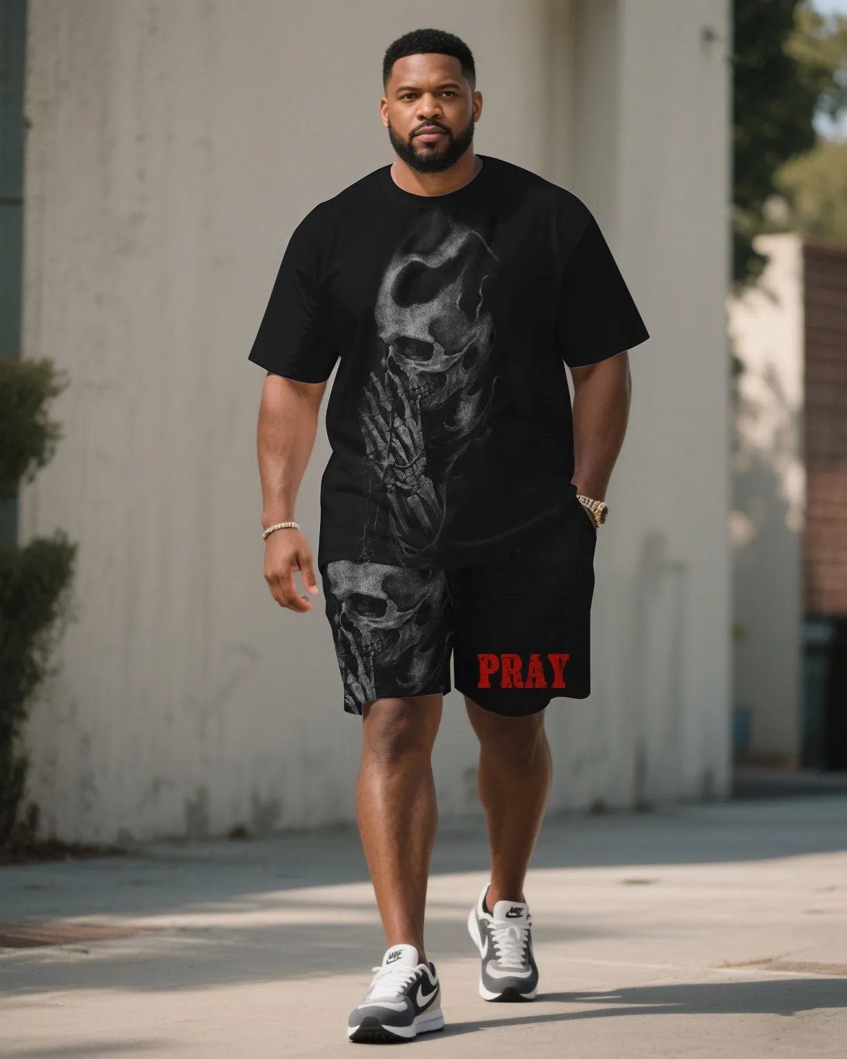 Men's Plus Size Black Prayer Skull Gesture Print Short Sleeve T-Shirt Shorts Suit sold by Biggmans