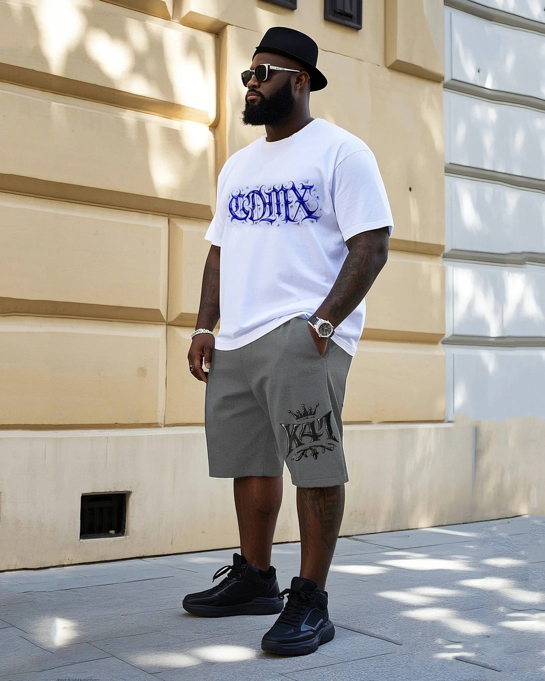 Big Men's Street Fashion Hand-painted Unique Personality Graffiti Short Sleeve T-Shirt Shorts Suit sold by Biggmans