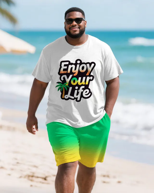 Men's Plus Size Hawaiian Coconut Tree Letter Print Round Neck Short Sleeve T-Shirt Shorts Suit sold by Biggmans