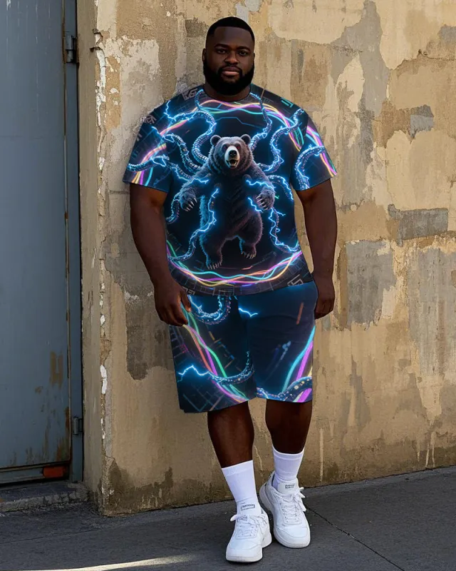Men's Big & Tall Casual Electric Bear Printed 2-Piece Short Sleeve T-Shirt Shorts Set sold by Biggmans