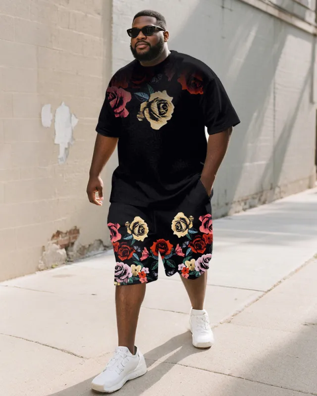 Men's Plus Size Street Graffiti Rose Print Round Neck Short Sleeve T-Shirt Shorts Suit sold by Biggmans