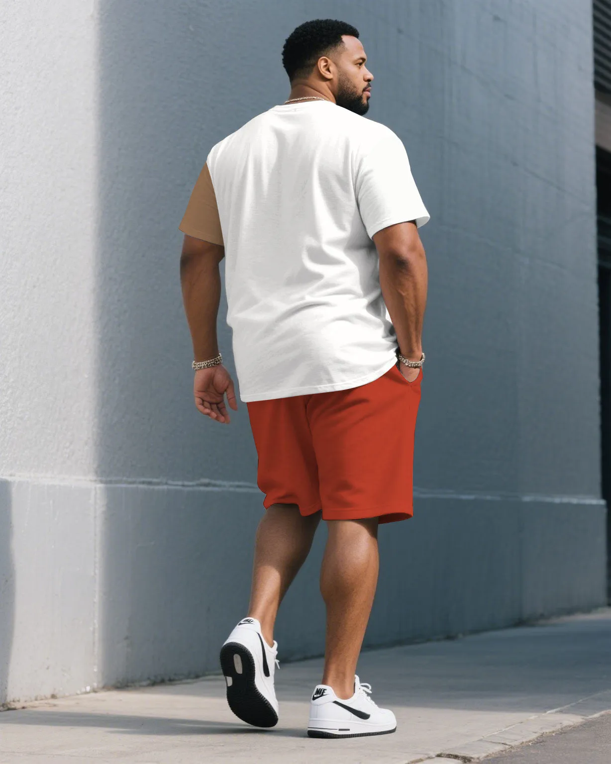 Men's Plus Size White & Orange & Khaki Colorblock Fashion Round Neck Short Sleeve T-Shirt Shorts Suit sold by Biggmans product image thumbnail 4