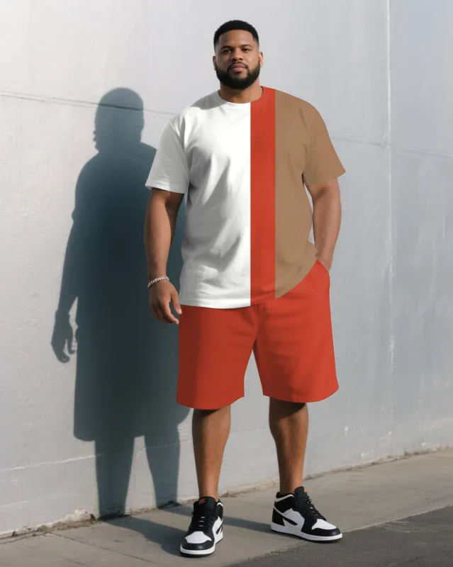 Men's Plus Size White & Orange & Khaki Colorblock Fashion Round Neck Short Sleeve T-Shirt Shorts Suit sold by Biggmans