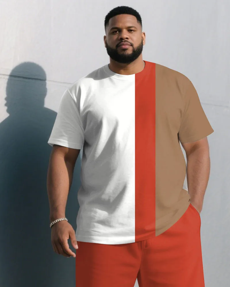 Men's Plus Size White & Orange & Khaki Colorblock Fashion Round Neck Short Sleeve T-Shirt Shorts Suit sold by Biggmans product image thumbnail 2