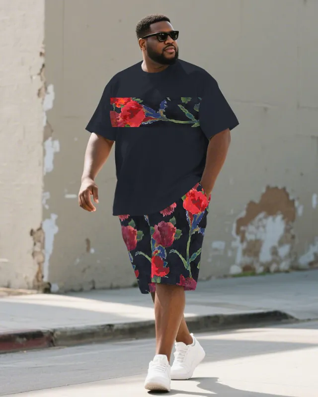 Men's Plus Size Street Dark Blue Patchwork Graffiti Floral Print Round Neck Short Sleeve T-Shirt Shorts Suit sold by Biggmans