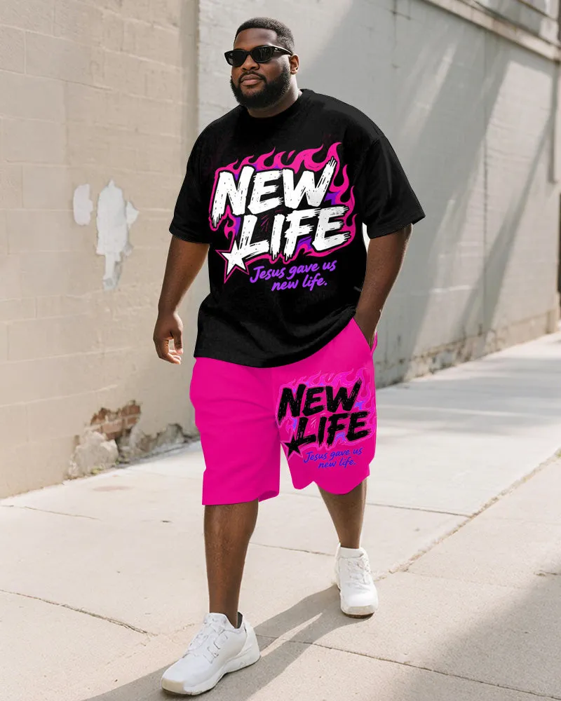 Men's Plus Size Flame Pink New LIFE Alphabet Print Round Neck Short Sleeve T-Shirt Shorts Suit sold by Biggmans