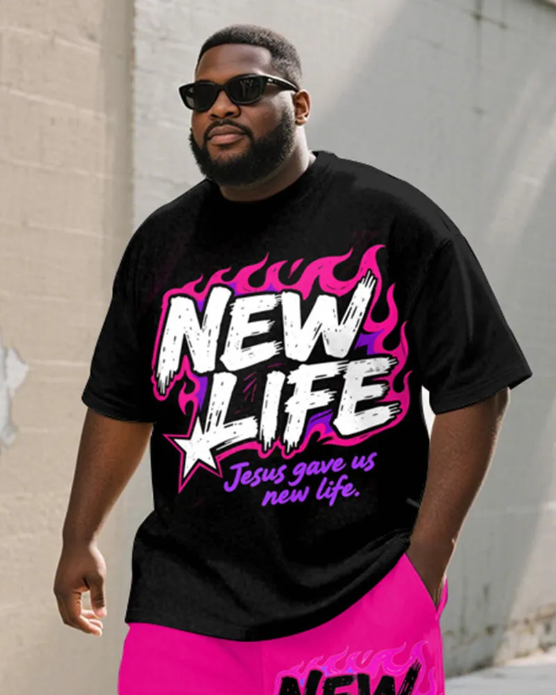Men's Plus Size Flame Pink New LIFE Alphabet Print Round Neck Short Sleeve T-Shirt Shorts Suit sold by Biggmans product image thumbnail 2