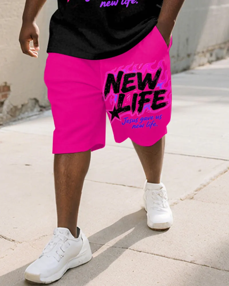 Men's Plus Size Flame Pink New LIFE Alphabet Print Round Neck Short Sleeve T-Shirt Shorts Suit sold by Biggmans product image thumbnail 3