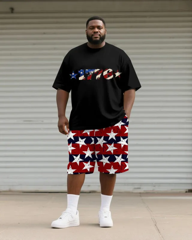 Men's Plus Size Independence Day1776 Star Print Round Neck Short Sleeve T-shirt Shorts Suit sold by Biggmans