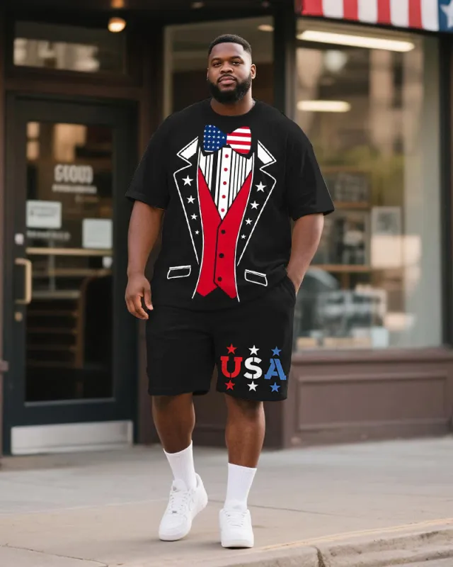 Men's Plus Size Independence Day Cosplay Suit Bow Tie USA Letter Print Round Neck Short Sleeve T-Shirt Shorts Suit sold by Biggmans