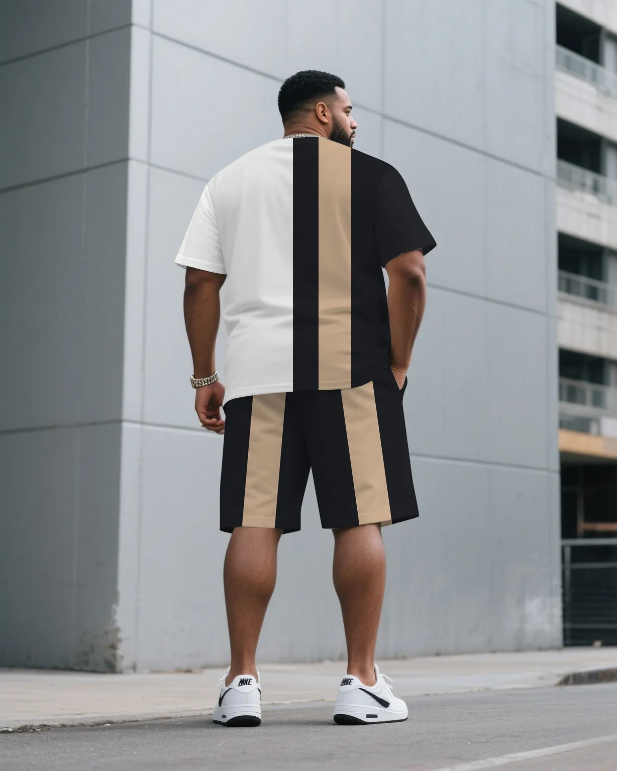 Men's Plus Size Black & White & Khaki Colorblock Fashion Round Neck Short Sleeve T-Shirt Shorts Suit sold by Biggmans product image thumbnail 4