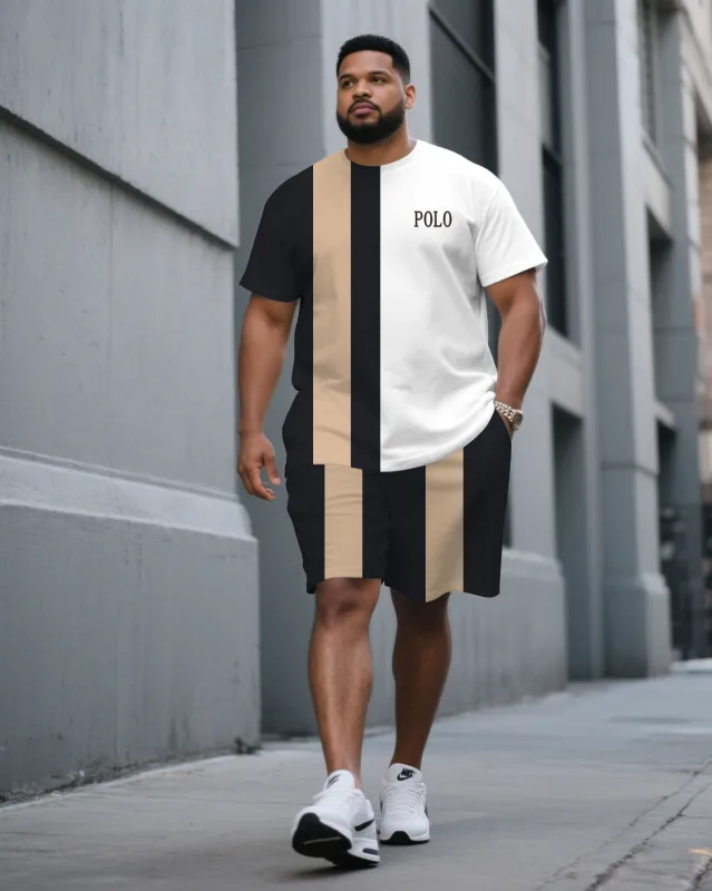 Men's Plus Size Black & White & Khaki Colorblock Fashion Round Neck Short Sleeve T-Shirt Shorts Suit sold by Biggmans