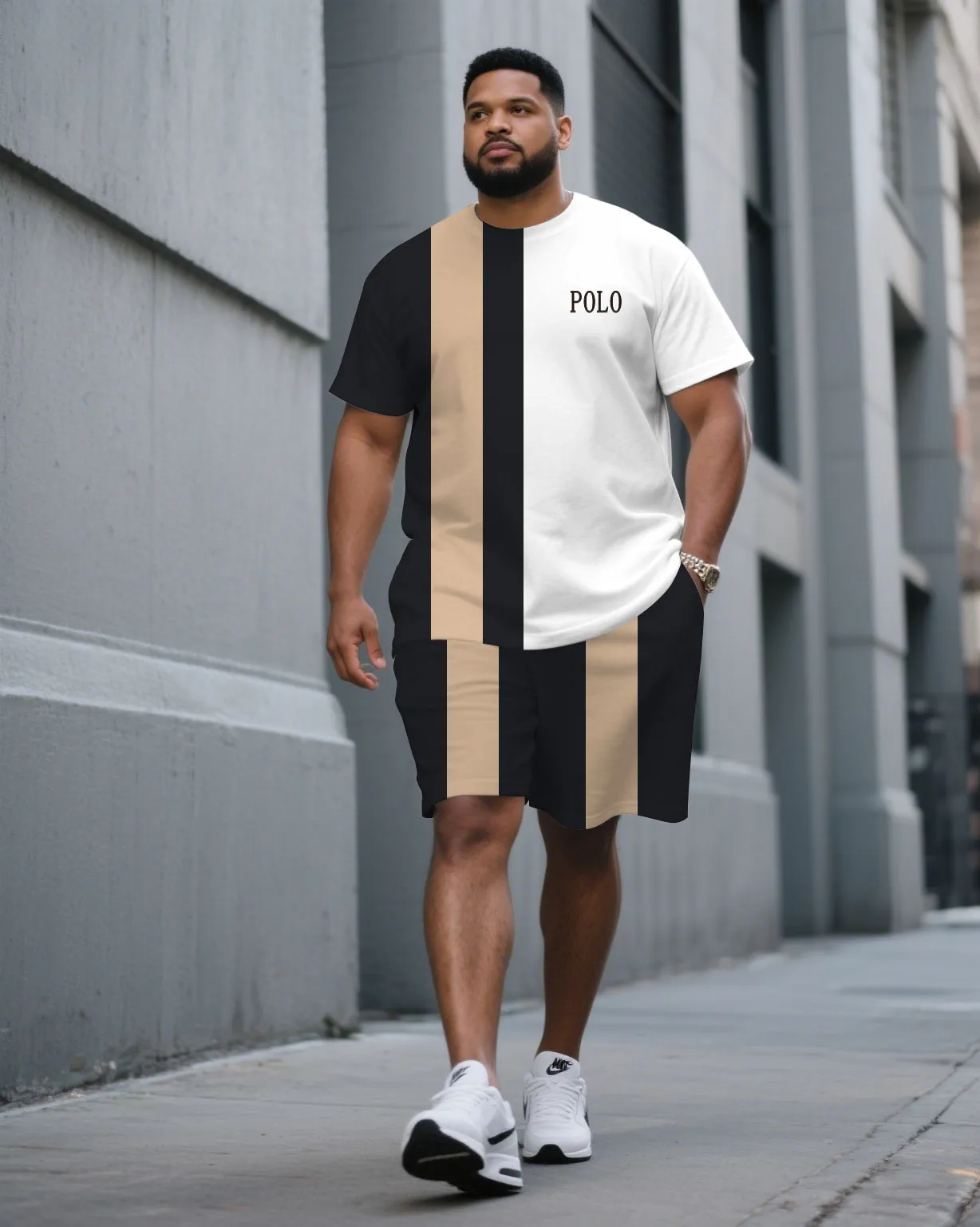 Men's Plus Size Black & White & Khaki Colorblock Fashion Round Neck Short Sleeve T-Shirt Shorts Suit sold by Biggmans