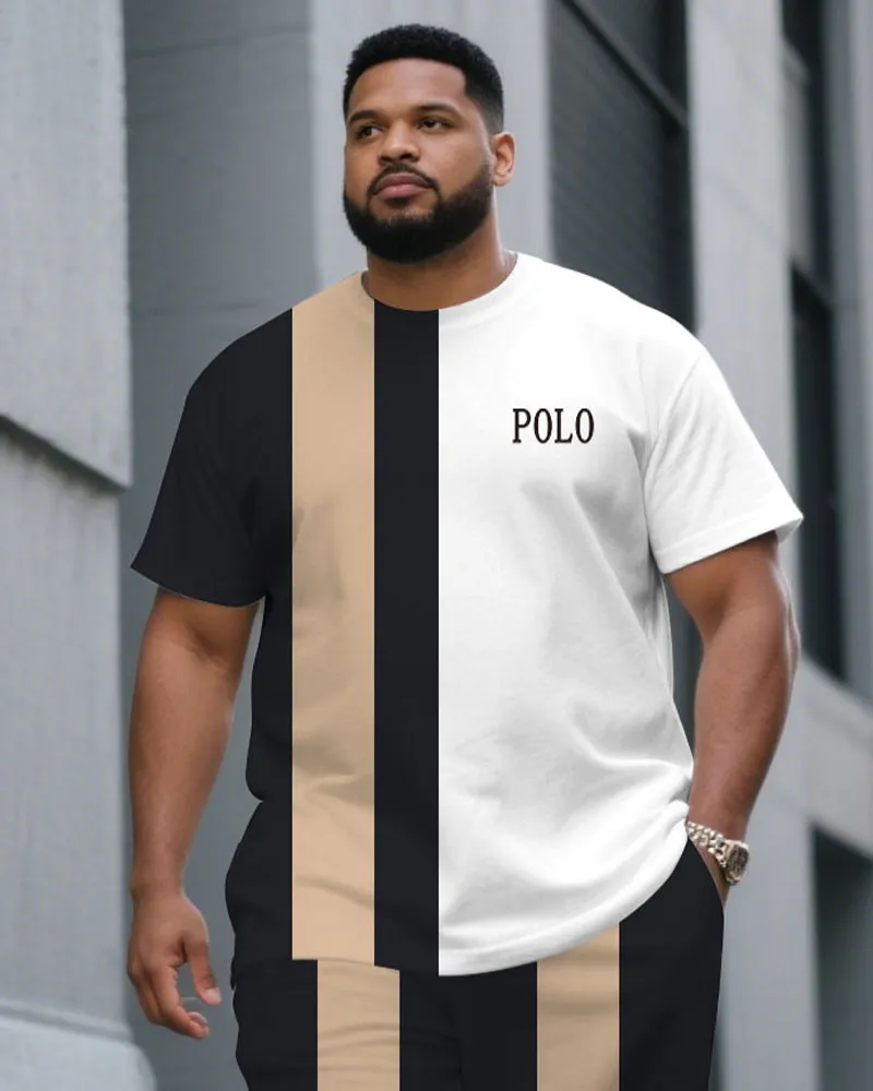 Men's Plus Size Black & White & Khaki Colorblock Fashion Round Neck Short Sleeve T-Shirt Shorts Suit sold by Biggmans product image thumbnail 2