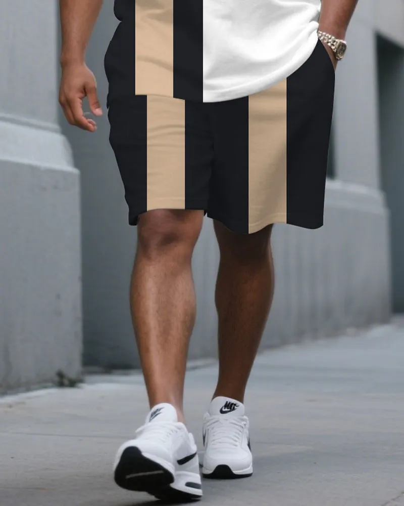 Men's Plus Size Black & White & Khaki Colorblock Fashion Round Neck Short Sleeve T-Shirt Shorts Suit sold by Biggmans product image thumbnail 3