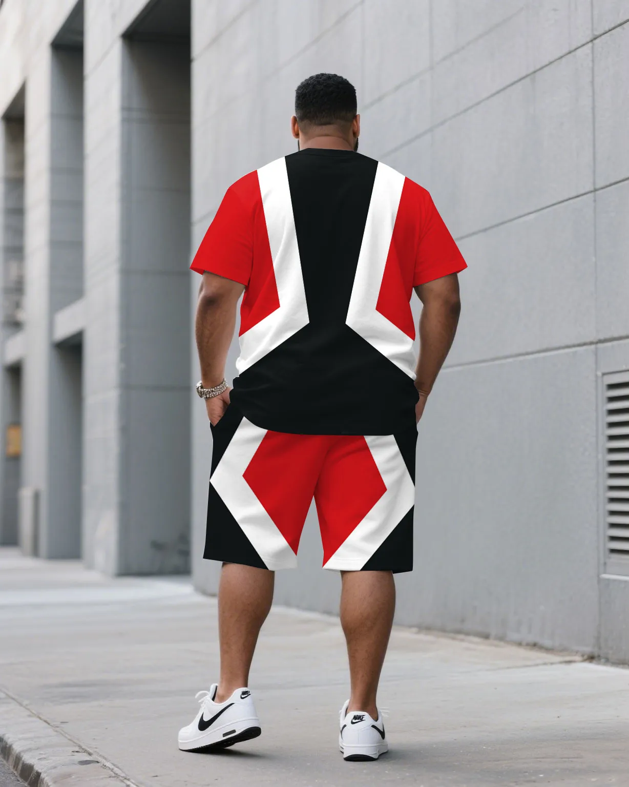 Men's Plus Size White & Red & Black Fashion Colorblock Crewneck Short-sleeved T-shirt Shorts Suit sold by Biggmans product image thumbnail 4